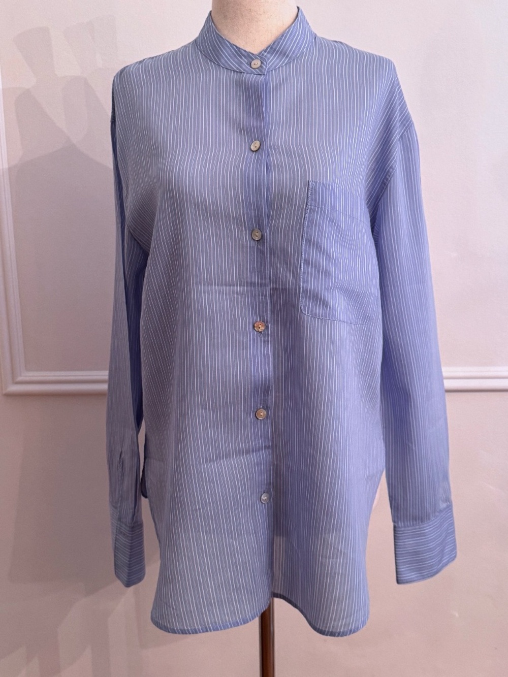 Vince Blue Pinstripe Band Collar Cotton Silk Shirt Relaxed Fit Sz S